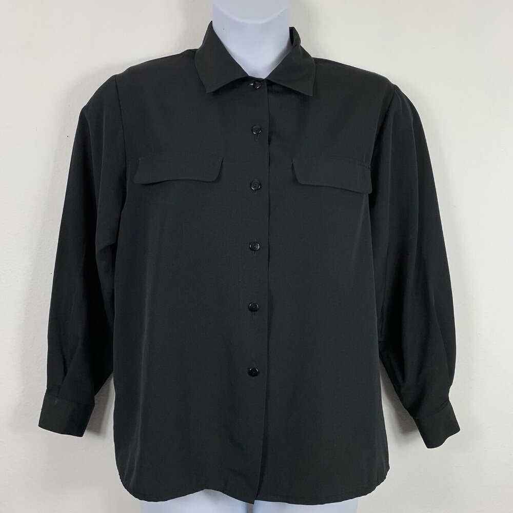 Sara Stephen Sz Medium Button Up Top Shoulder Pads Black Blouse FLAWED Vintage?